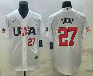 Mens USA Baseball #27 Mike Trout Number 2023 White World Baseball Classic Replica Stitched Jersey->2023 world baseball classic->MLB Jersey